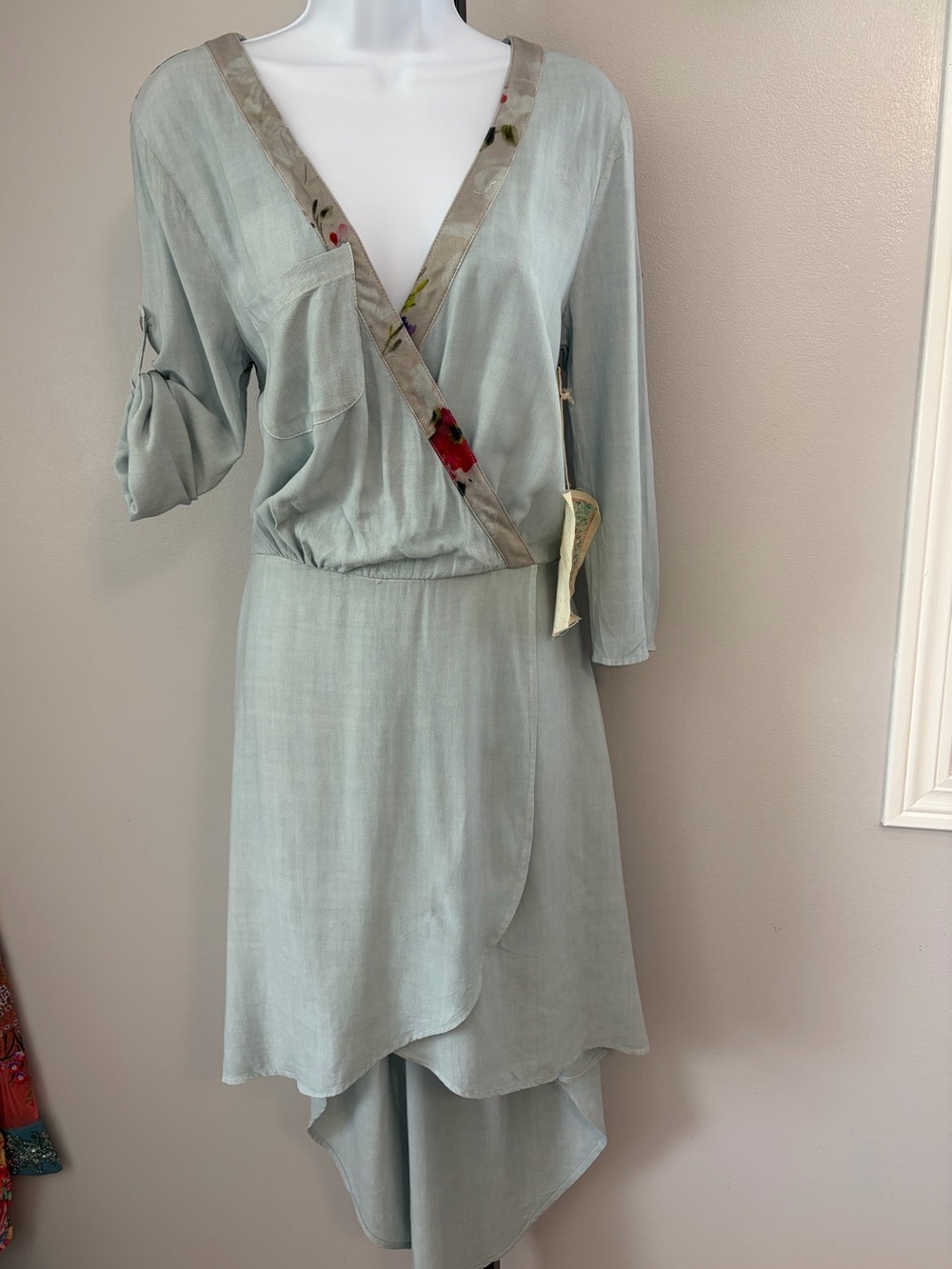 NWT Aratta Silent Journey Chambray Wrap-Style Dress with Floral Trim